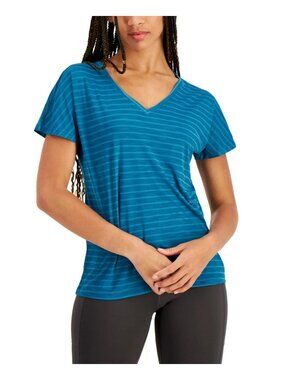 Ideology Women's V-Neck Short Sleeve Shadow Stripe T-Shirt, Zen Teal Blue Size S